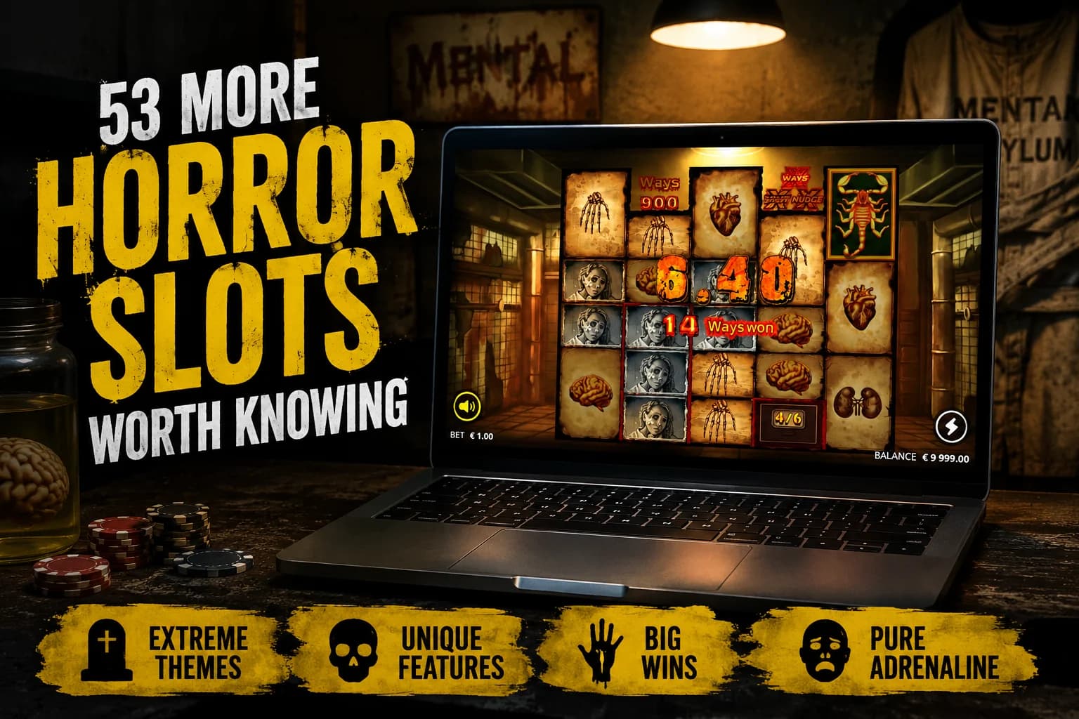 53 more horror slots from leading providers including Nolimit City, NetEnt, Microgaming, Pragmatic Play, Play'n GO, Yggdrasil