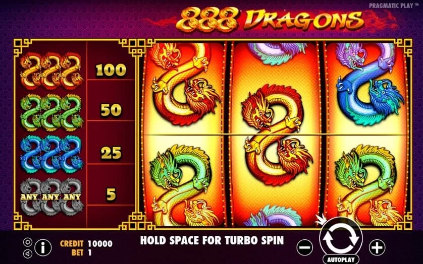 888 Dragons slot by Pragmatic Play, minimalist dragon-symbol theme with single payline