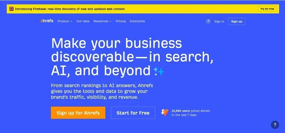 Ahrefs homepage with WordPress integration and Gutenberg block compatibility