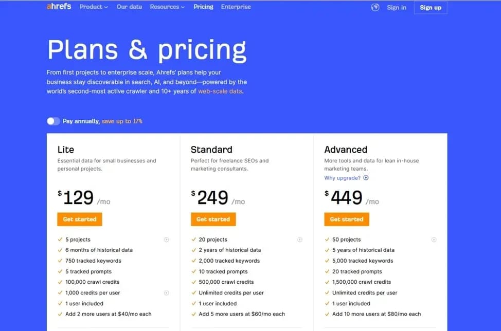 Ahrefs pricing plans showing rank tracking limitations on lower tiers