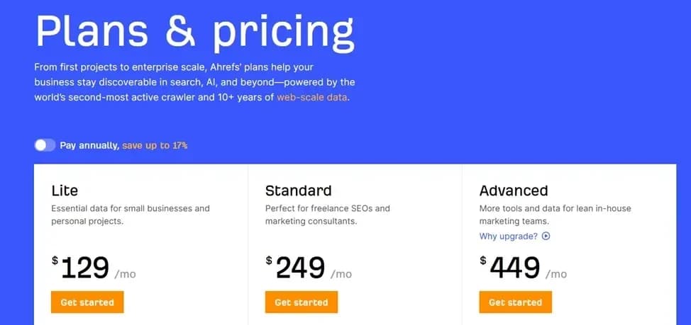 Ahrefs subscription pricing options for competitor analysis tools