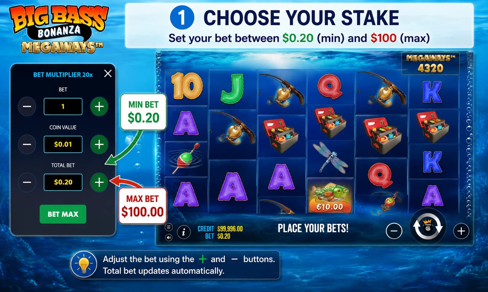 Big Bass Bonanza Megaways slot bet settings and stake range