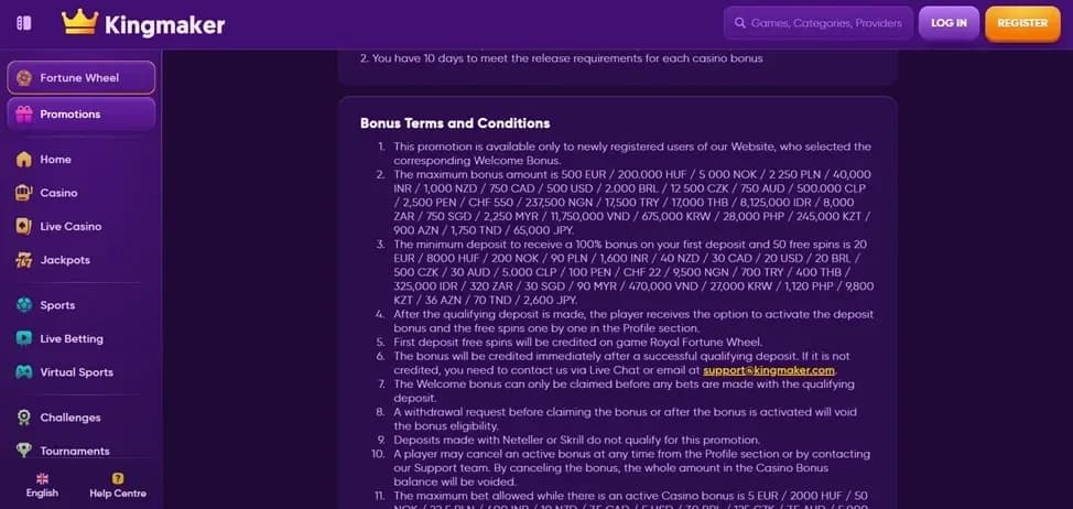 Bonus terms and conditions outlining wagering requirements and restrictions