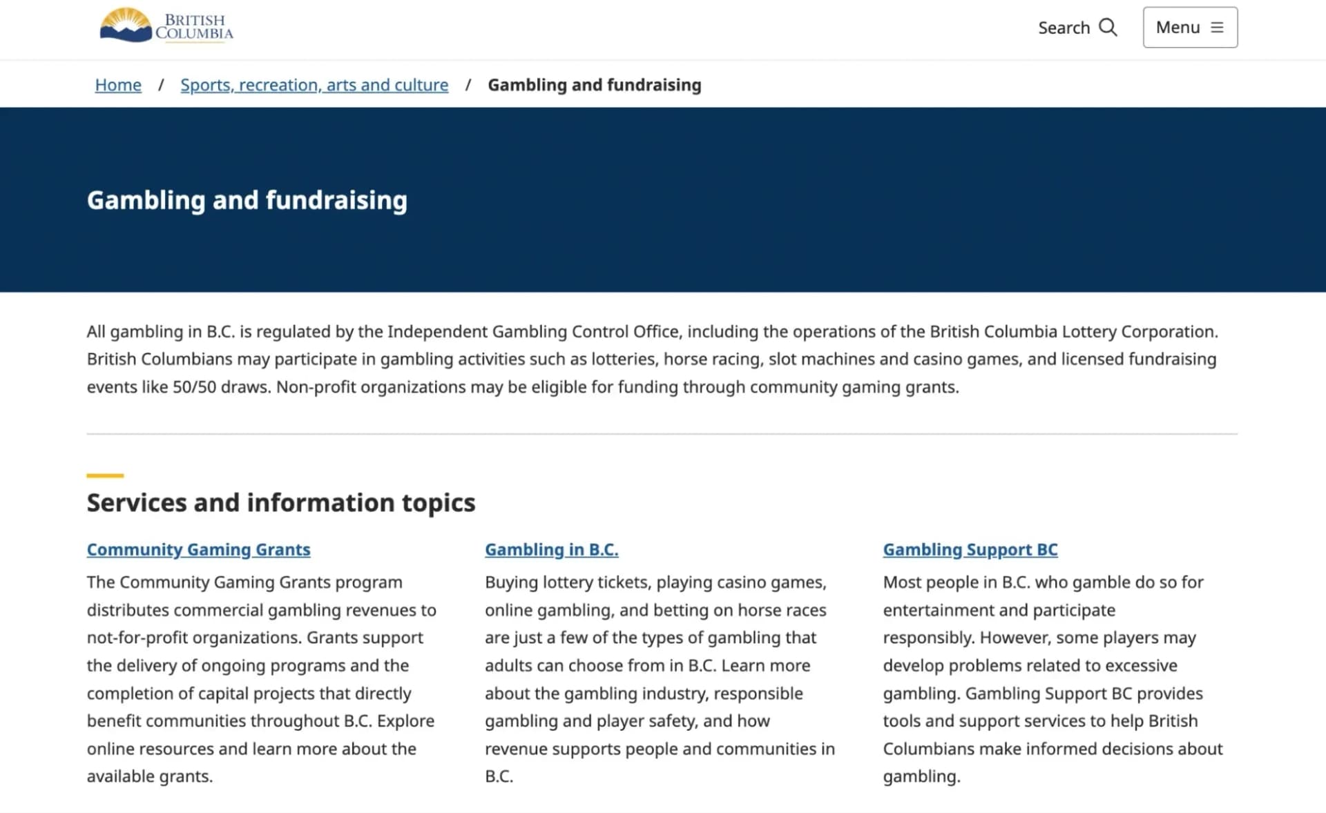 British Columbia's responsible gambling portal provides regulatory information