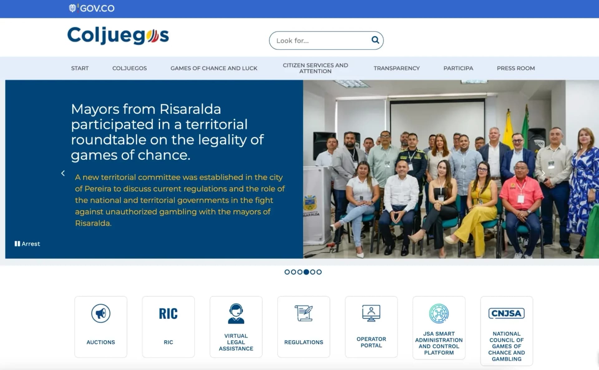 Coljuegos website interface displaying Colombia's official gambling regulation authority