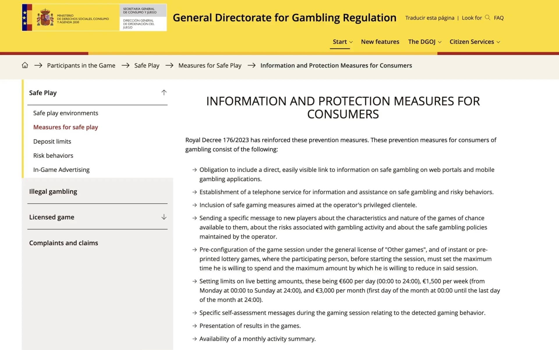 Consumer information and protection measures overview for Spanish gambling