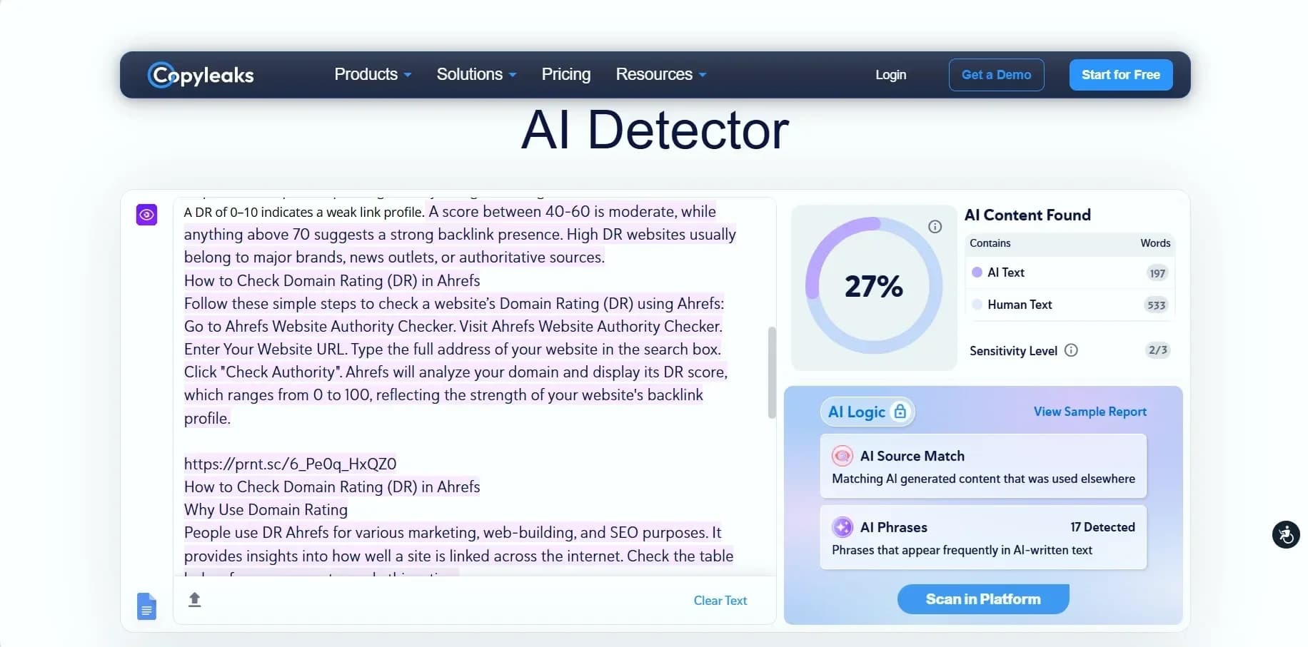 Copyleaks AI detector interface displaying analysis results and probability scores