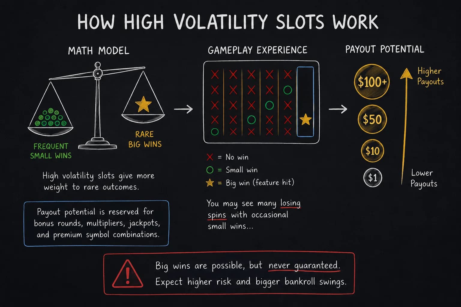 Diagram explaining how high volatility slots work, including rare wins, higher payouts, and increased bankroll swings