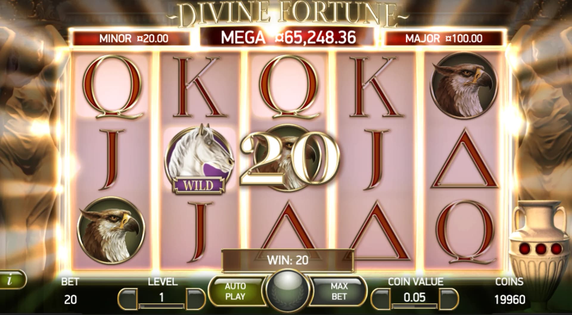 Divine Fortune slot by NetEnt, Greek mythology theme with Falling Wilds jackpot trigger