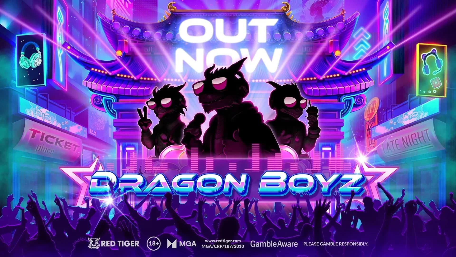 Dragon Boyz band members Kayoh, D-Boi, and Eight in concert-themed slot gameplay