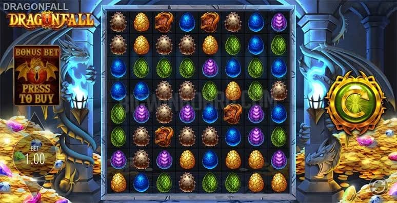 Dragonfall slot by Blueprint Gaming, dragon fantasy theme with cascading cluster mechanic