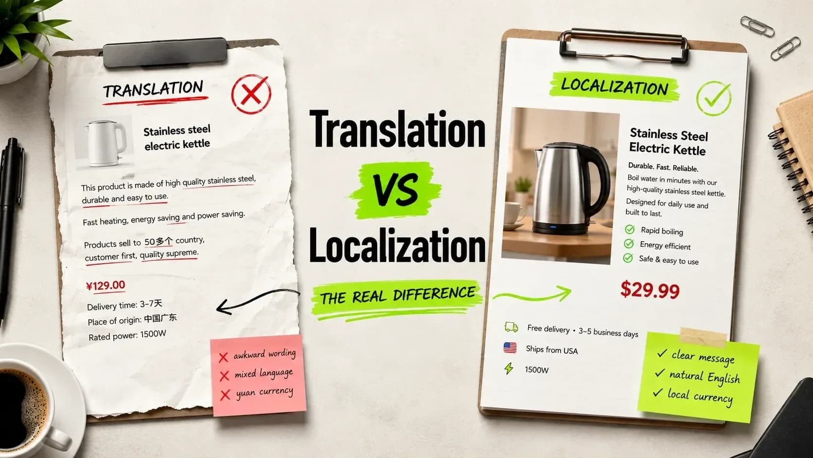 E-commerce product page showing translation accuracy standards for technical versus marketing content