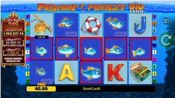 Fishin' Frenzy Jackpot King slot by Blueprint Gaming, fishing theme with multi-stage crown jackpot