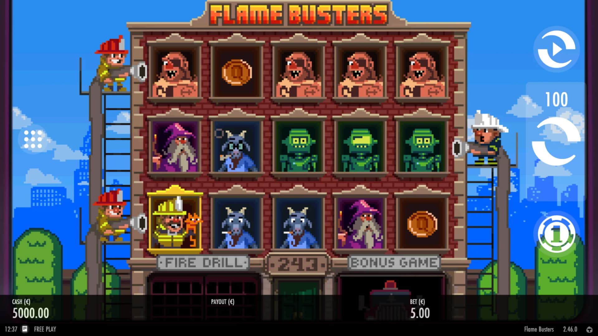 Flame Busters slot by Thunderkick, firefighter fire theme, low stake slot 2026