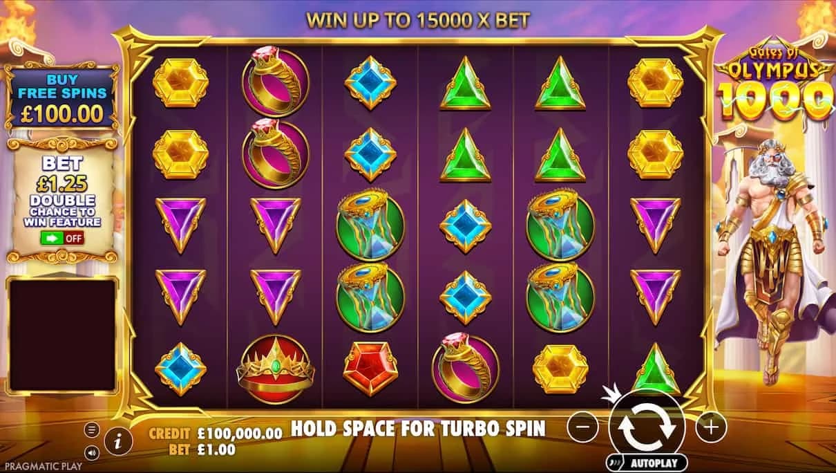 Gates of Olympus 1000 slot by Pragmatic Play, Greek mythology theme, high volatility slot 2026