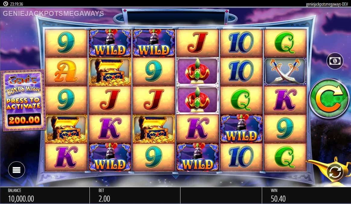 Genie Jackpots Megaways slot by Blueprint Gaming, Arabian genie theme with Wishing Bonus choice feature