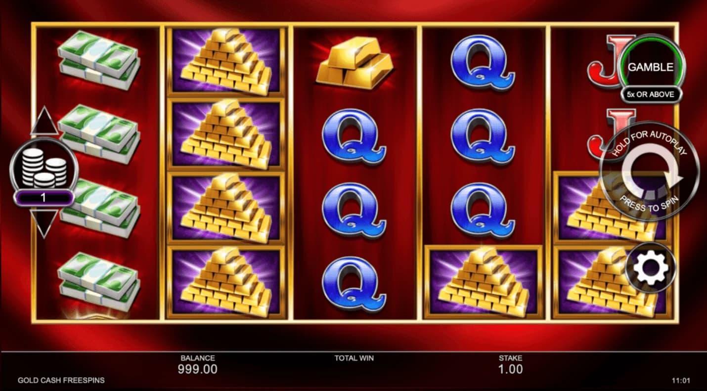 Gold Cash Free Spins slot, gold-themed high volatility slot 2026 with gamble feature