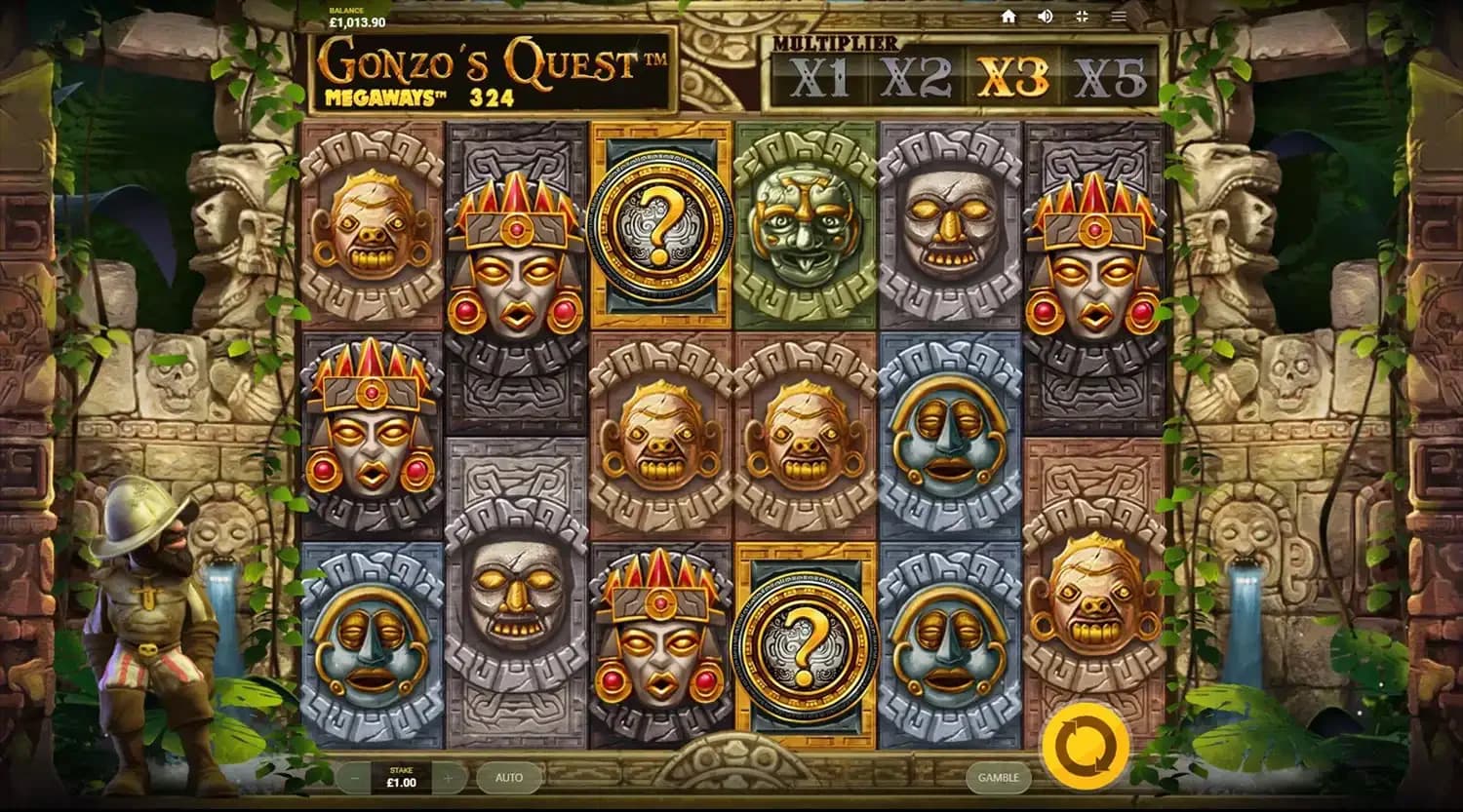 Gonzo's Quest Megaways slot by NetEnt, Aztec explorer theme with avalanche cascading wins