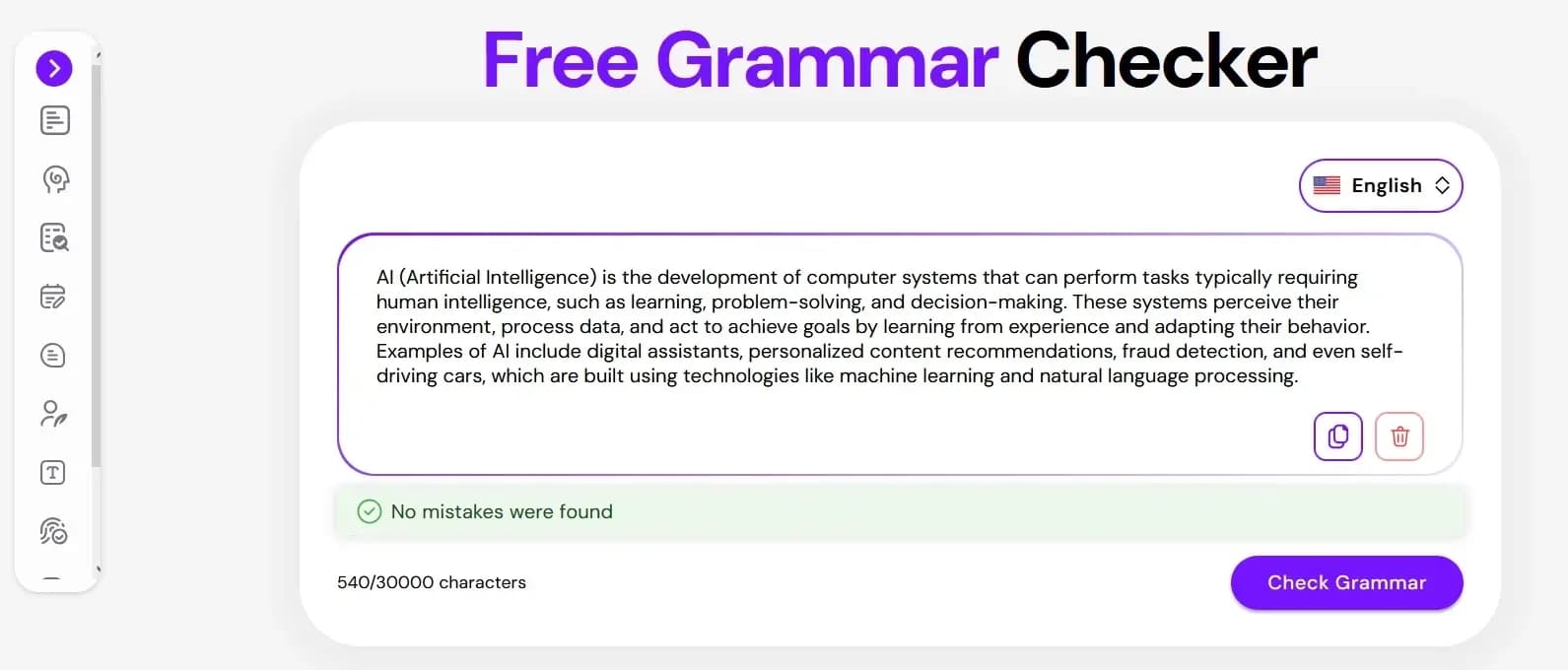 Grammar checking functionality with character limitations and processing constraints