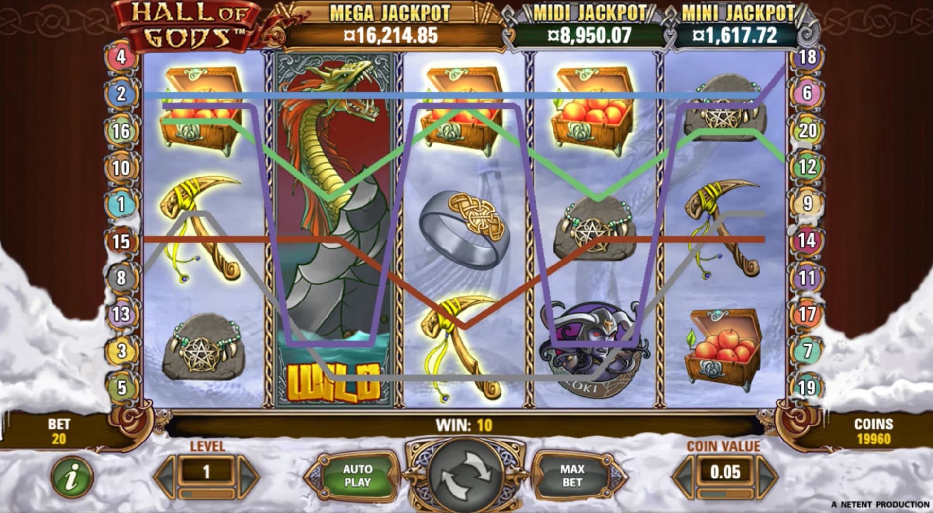 Hall of Gods slot by NetEnt, Norse mythology theme with hammer-and-shield jackpot bonus