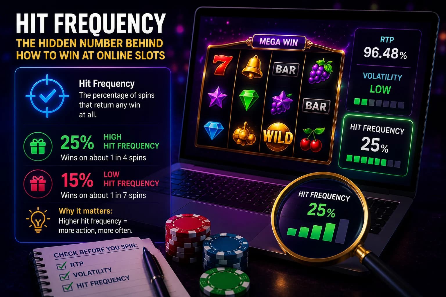 Hit frequency in online slots explained alongside RTP and volatility