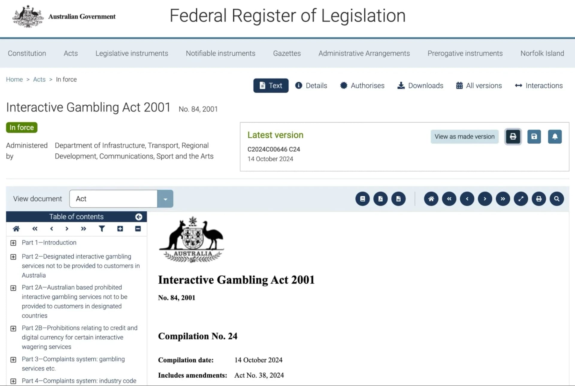 Interactive Gambling Act 2001 legislation establishes federal framework for gambling oversight