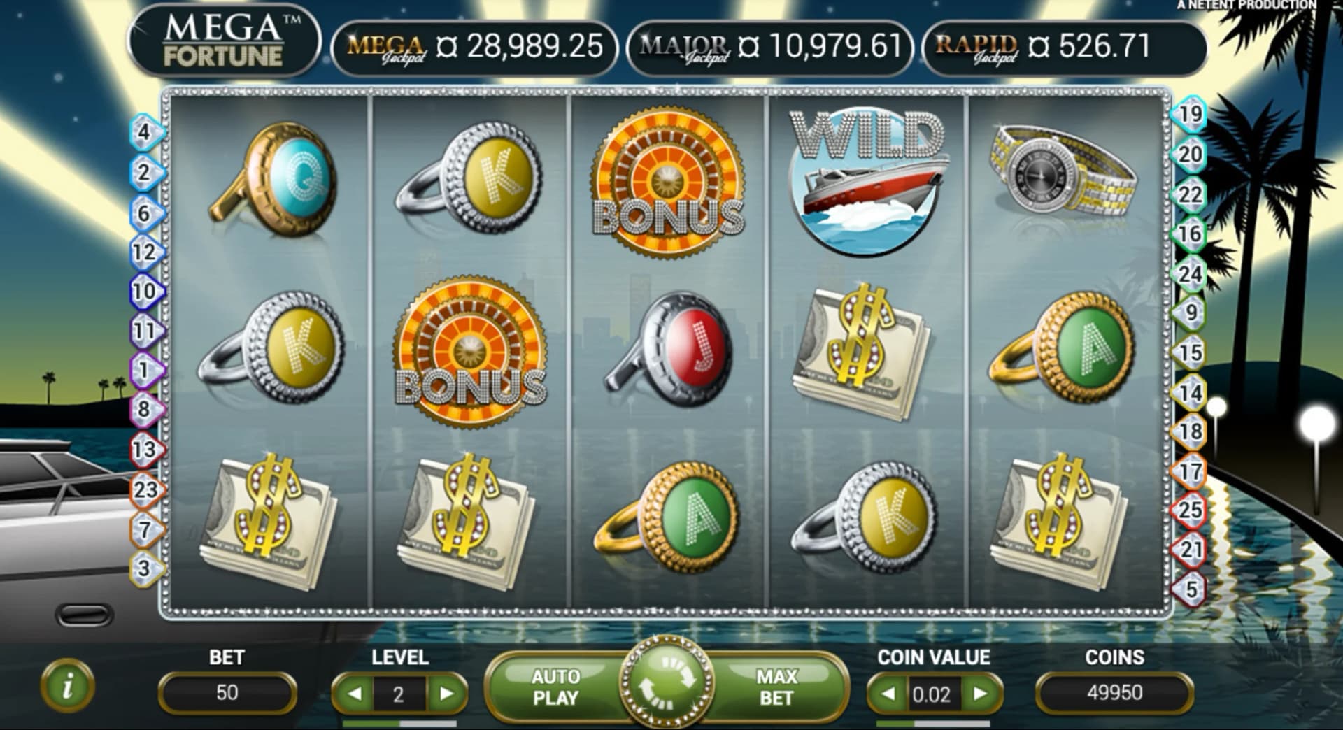 Mega Fortune slot by NetEnt, luxury lifestyle theme with tiered jackpot wheel