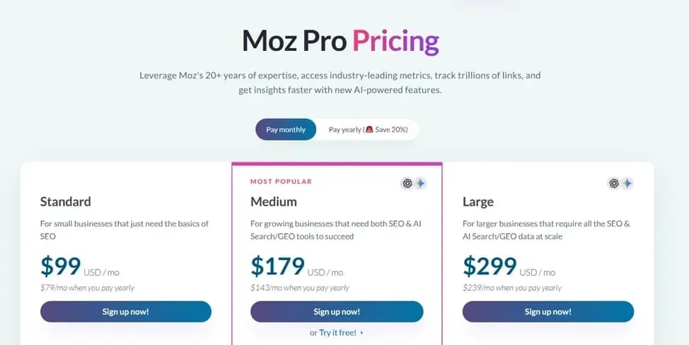 Moz Pro subscription pricing tiers and monthly costs