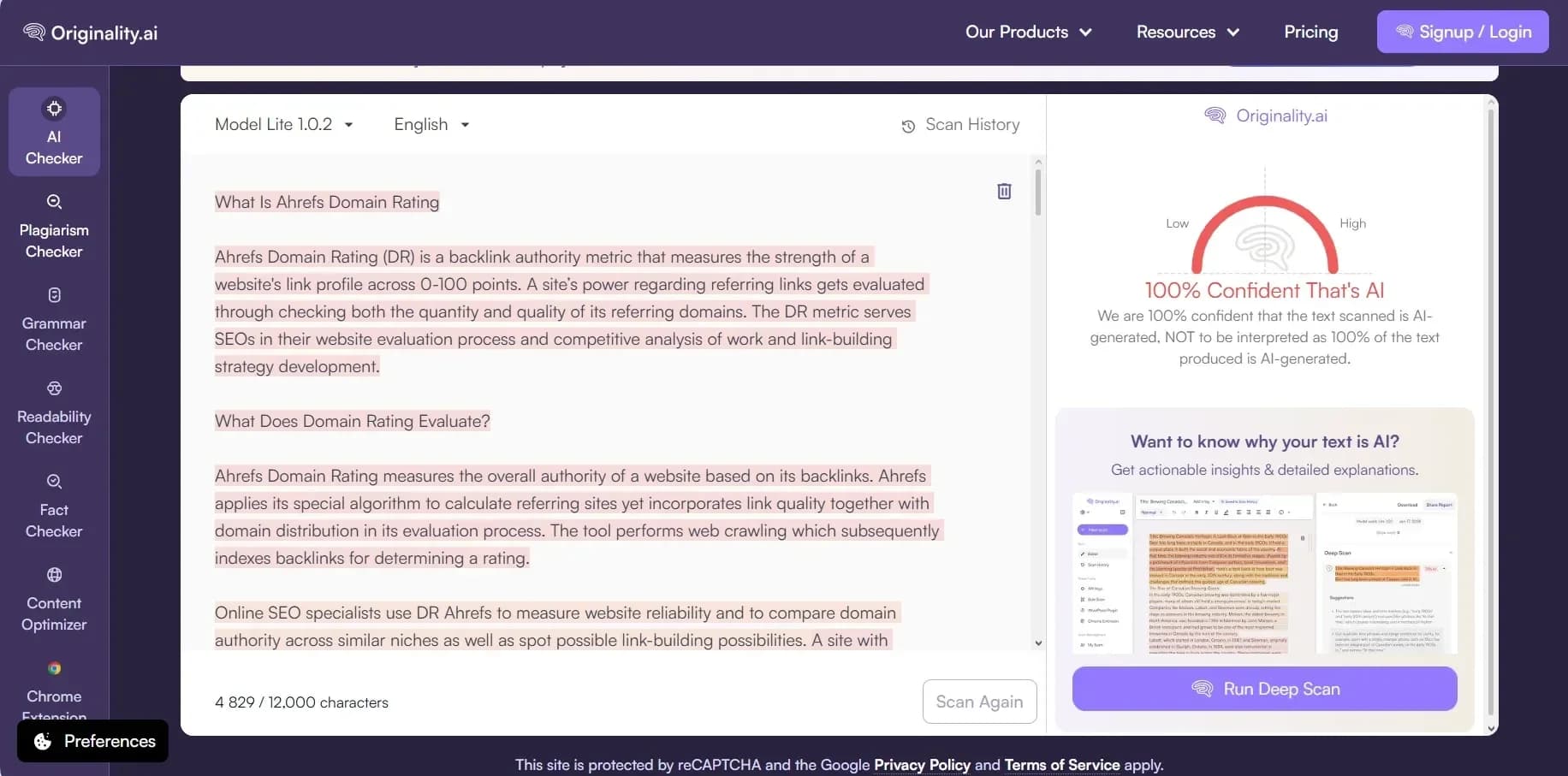 Originality.ai interface showing color-coded risk assessment with detailed scoring