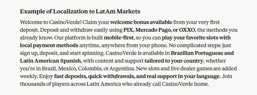 Payment integration focus for Latin American gambling content localization