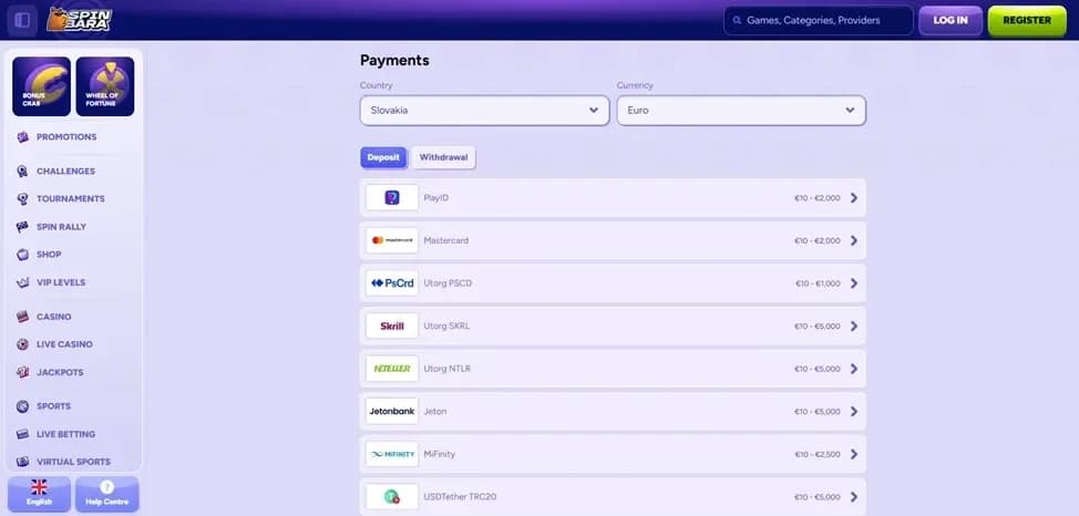 Payment methods section displaying deposit/withdrawal options and transaction limits