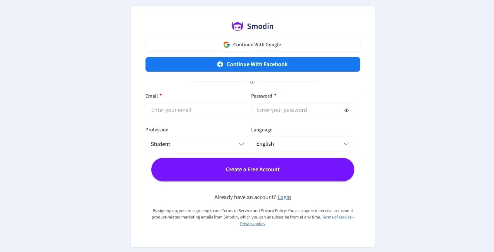 Platform statistics showing 30,000 universities and 100,000 businesses using Smodin.io
