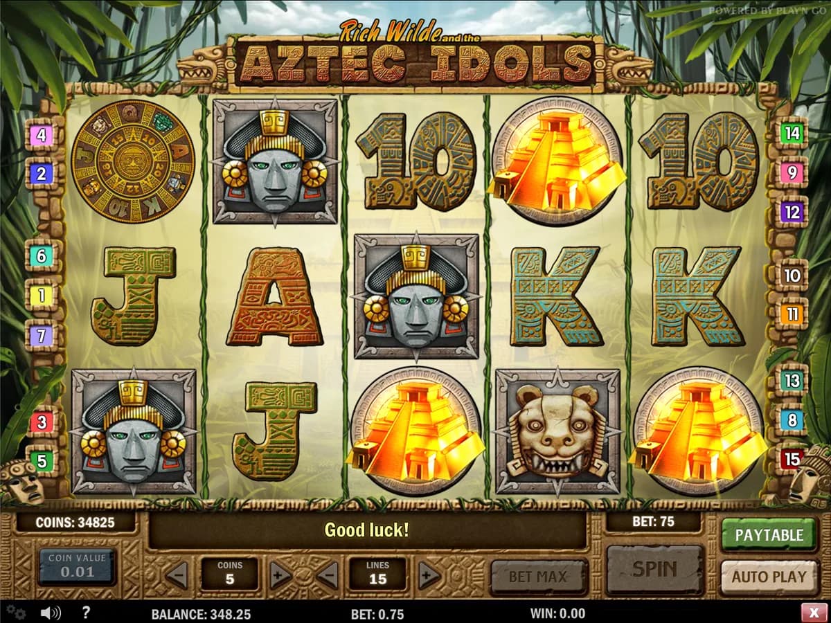 Rich Wilde and the Aztec Idols slot by Play'n GO, Aztec ruins theme with Golden Statue picker bonus