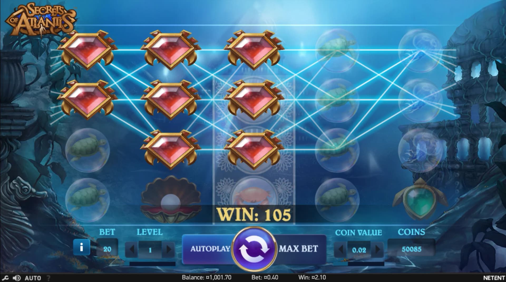 Secret of Atlantis slot by NetEnt, underwater Atlantis theme, low stake slot 2026