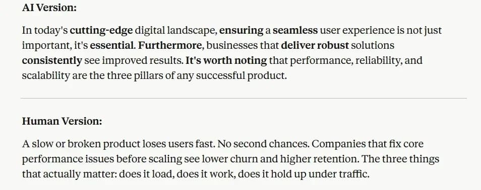 Side-by-side comparison highlighting differences between AI and human writing styles