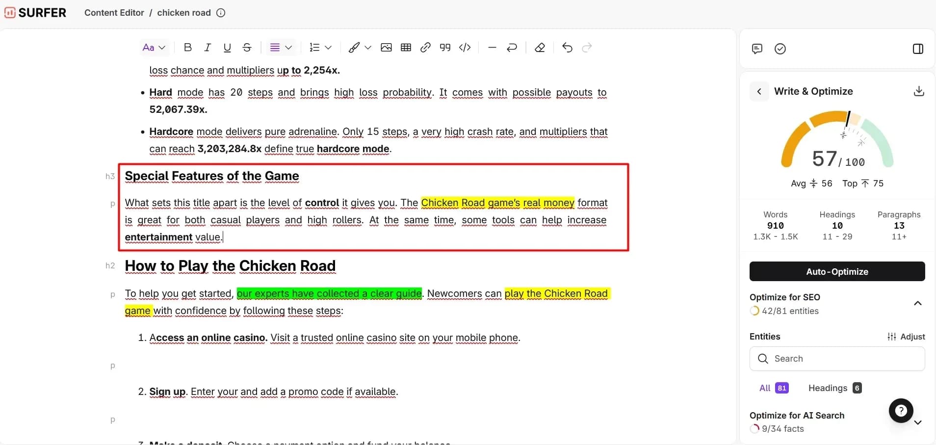Small content section analysis view within Surfer SEO optimization interface