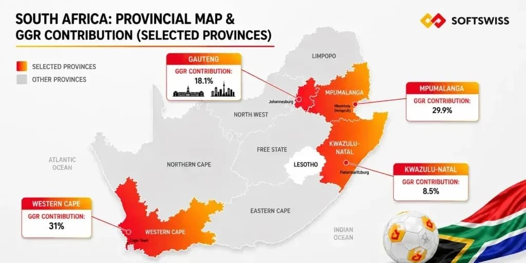 South African provinces' gambling revenue distribution shows Western Cape leading at 31% of total GGR.