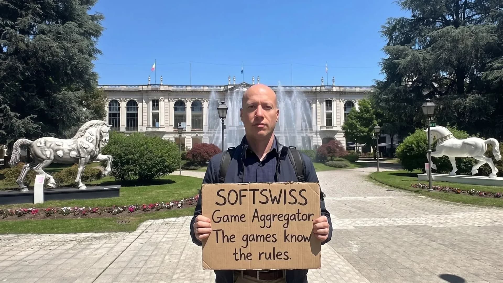 Staff members display signs promoting Sportsbook, Game Aggregator, and Prediction Markets