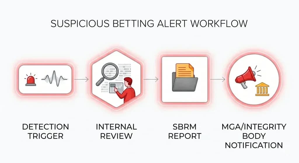 Suspicious betting detection workflow from trigger through regulatory reporting to authorities