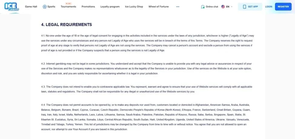 Terms and conditions page showing restricted countries and regional limitations
