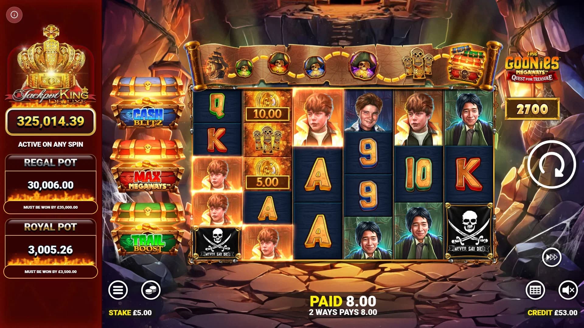 The Goonies slot by Blueprint Gaming, 1985 adventure film theme with One-Eyed Willy bonus wheel