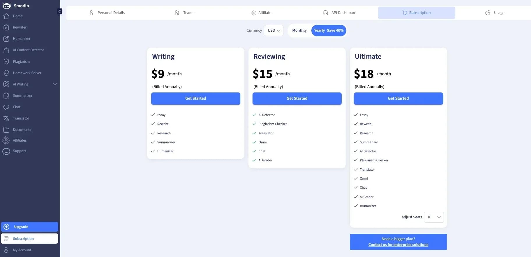Three-tier subscription pricing structure from Writing to Ultimate plans