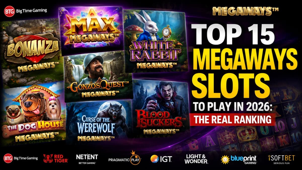 Top 15 Megaways slots in 2026 featuring Bonanza Megaways, White Rabbit Megaways, Blood Suckers Megaways, and Max Megaways