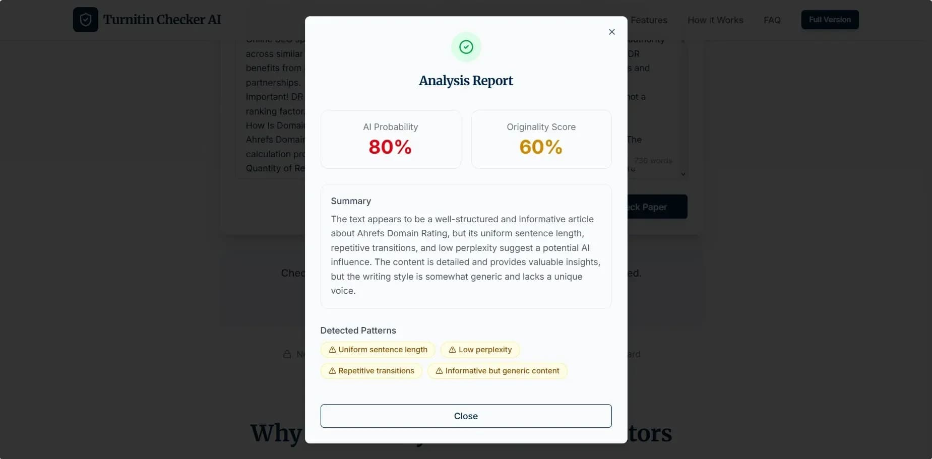Turnitin AI checker displaying detection results and probability metrics