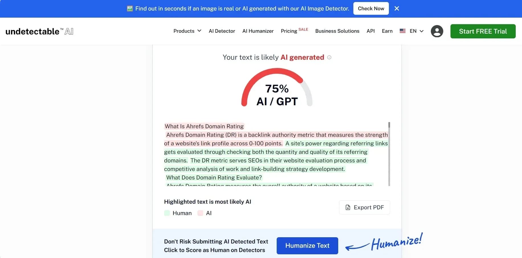Undetectable.ai detector results with pattern-based analysis and scoring system