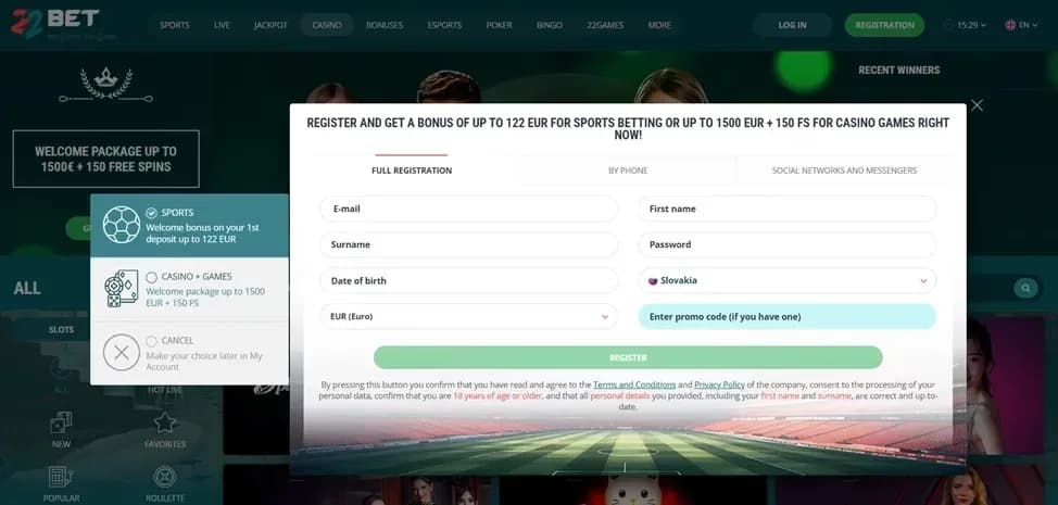 Casino registration form with required fields for new player signup