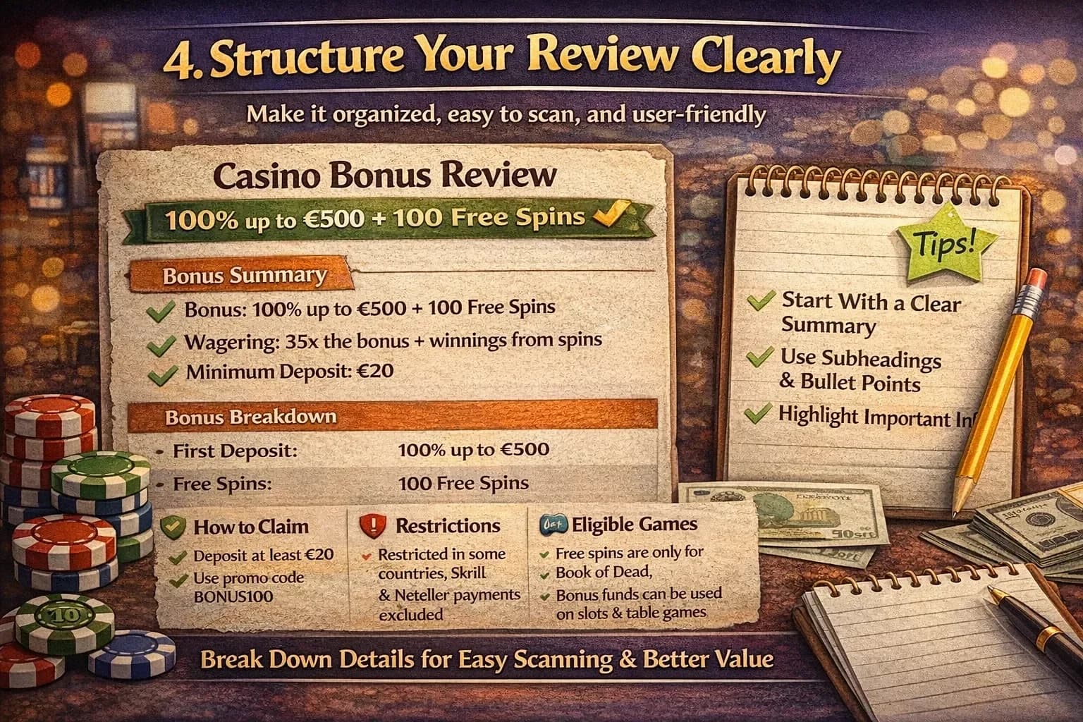 Clear review structure with organized bonus statistics and examples