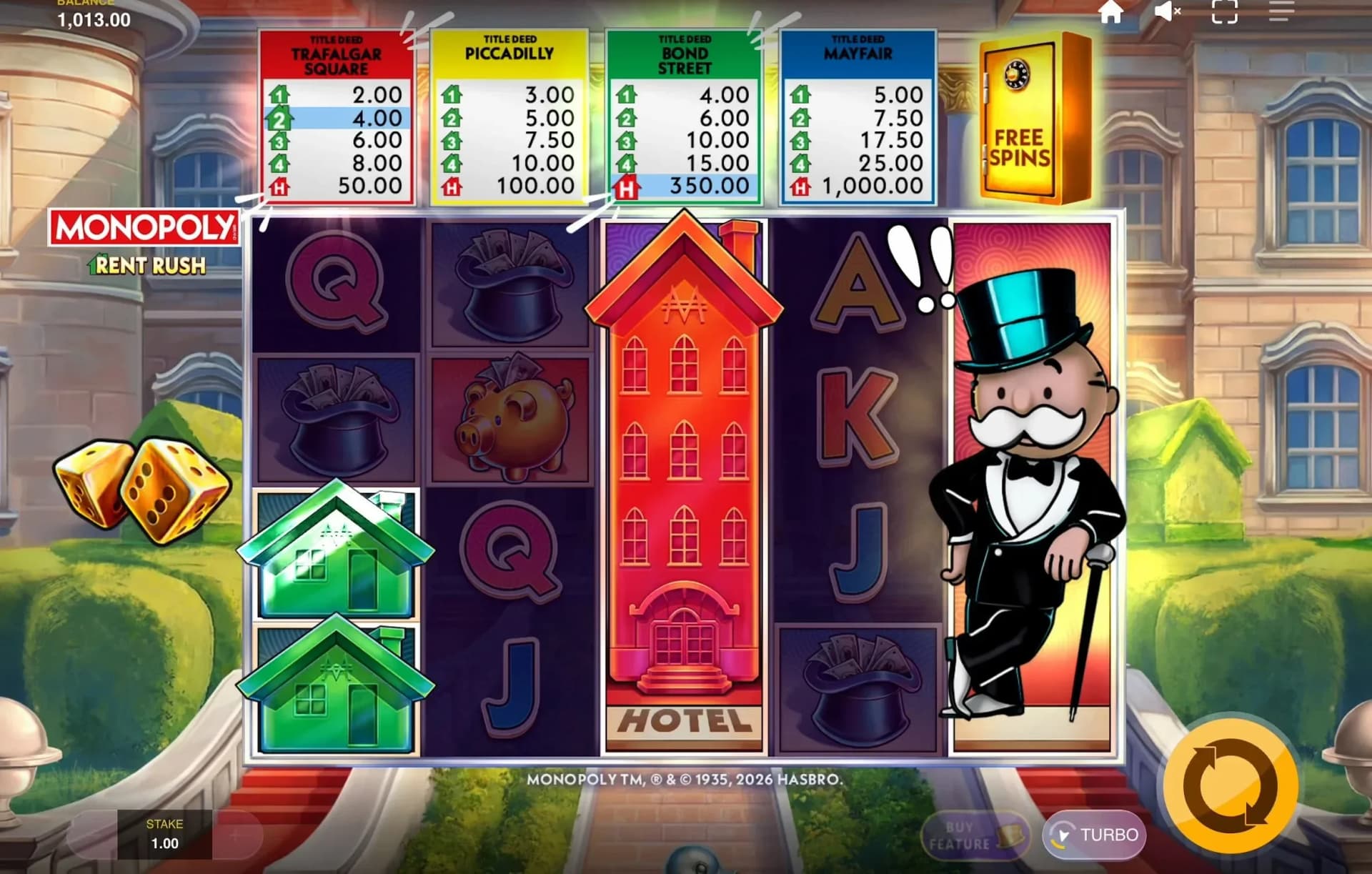 Dice roll mechanic determines movement on 12-step multiplier track