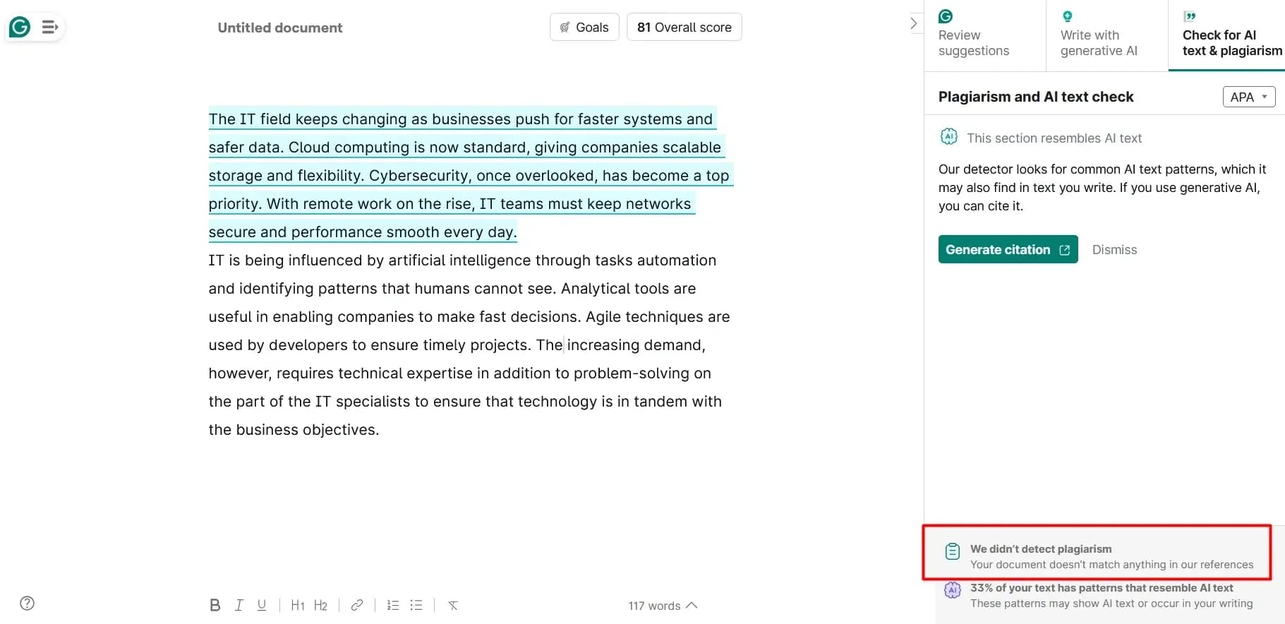 Grammarly plagiarism checker feature for content originality verification and detection