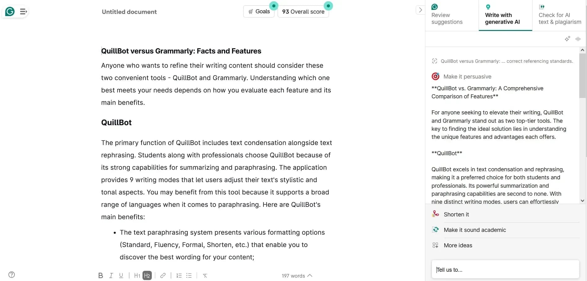 Grammarly's AI generative writing features for comprehensive content creation assistance